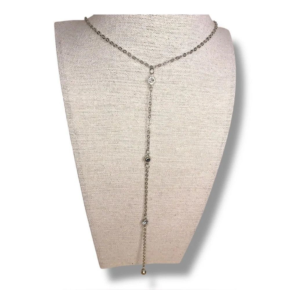 Silver Rhinestone Accent Lariat Style Necklace Glam Gift Pullover 29” Length